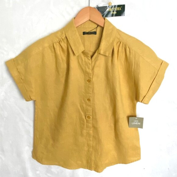 size PM petite medium NWT For Cynthia mustard yellow linen short slv button blou - Picture 1 of 4